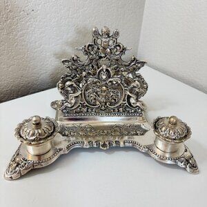 Vintage Ornate Rococo-Style Desktop Double Inkwell Silver-Colored Cherubs